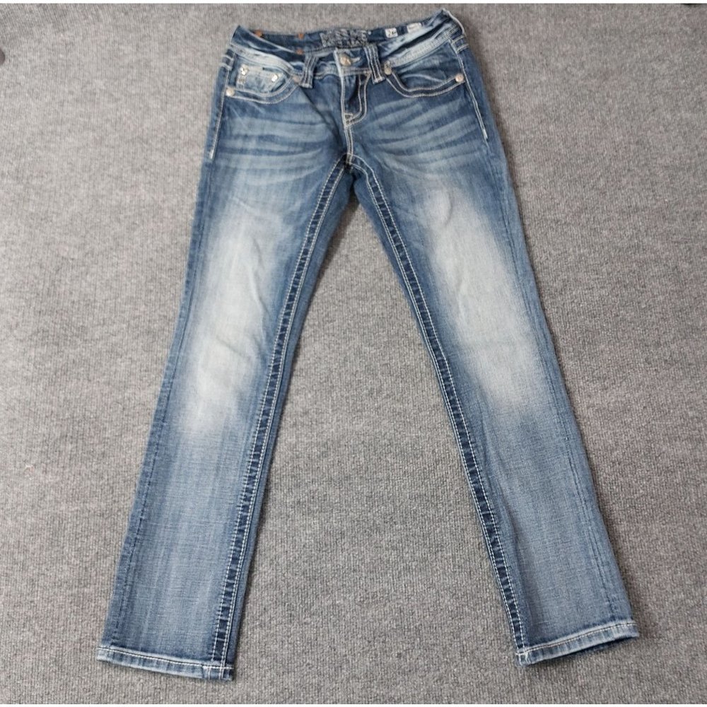 Miss Me Jeans Womens Size 26 Straight Light Wash Bling 5 Pocket Low Rise 0346 - Picture 1 of 15
